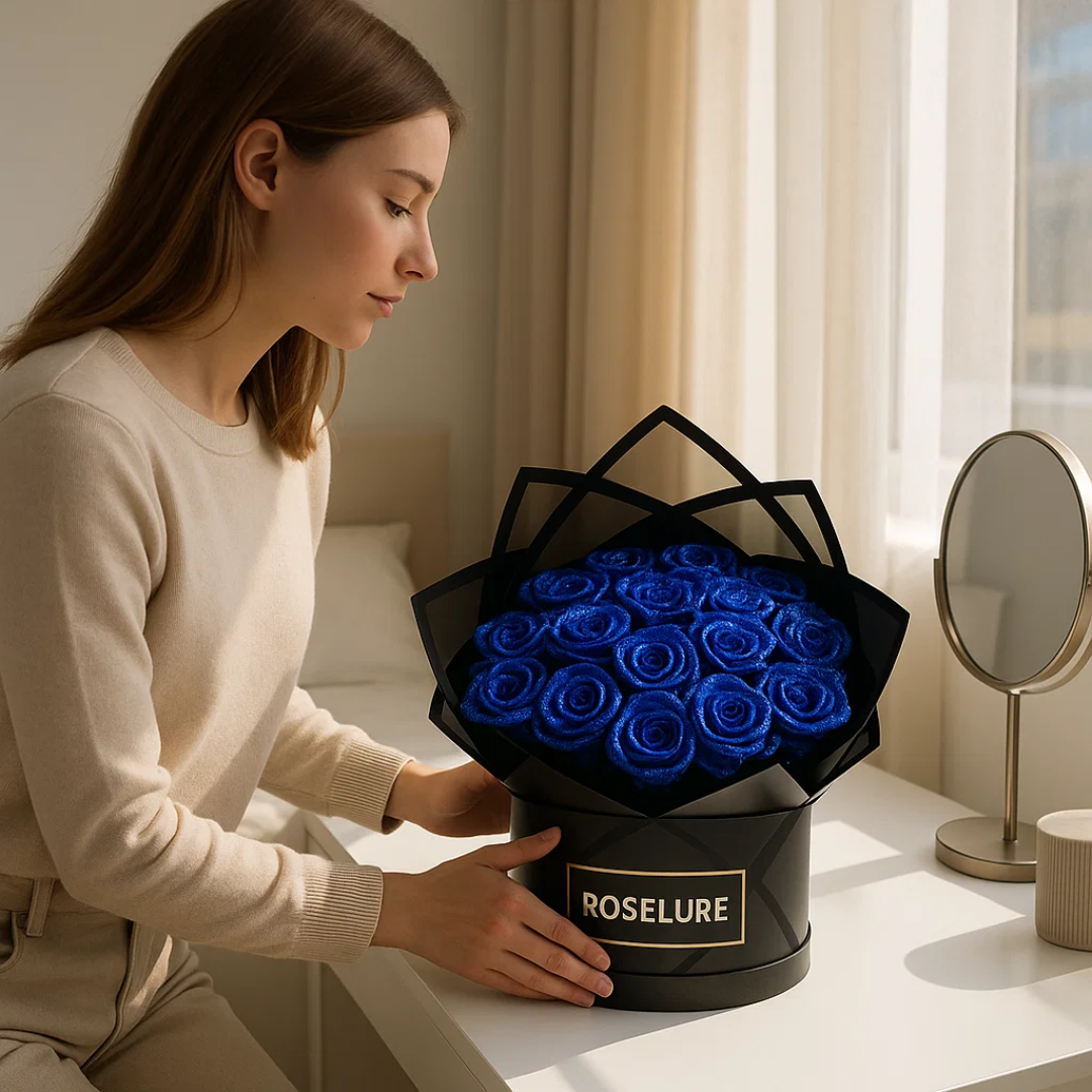 Elegante evige roser i gaveæske. Varig skønhed og plejefri konserverede blomster til jubilæum.