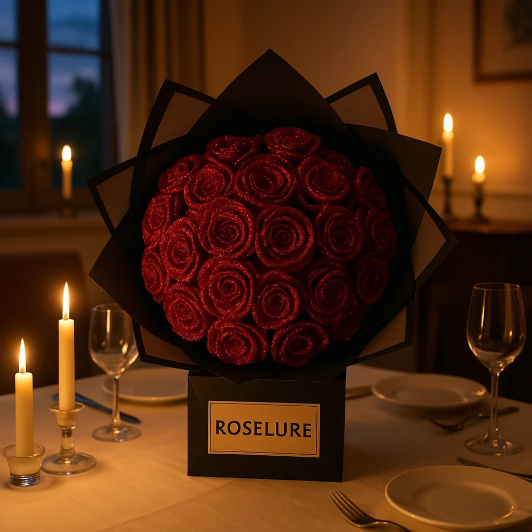 Bryllupsgave: Evige roser i luksus gaveæske. Konserverede blomster symboliserer varig kærlighed og skønhed.
