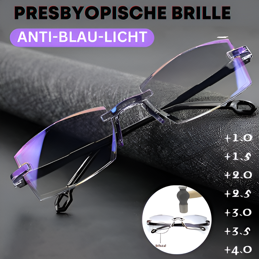 Detaljer af LumaVue progressive læsebriller. Ergonomisk design for fjerlet komfort og pasform.
