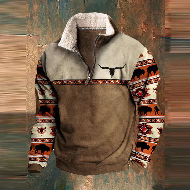 Stilfuld herretrøje til mænd med lynlås og unikt patchwork design. Giver varm komfort og hygge.