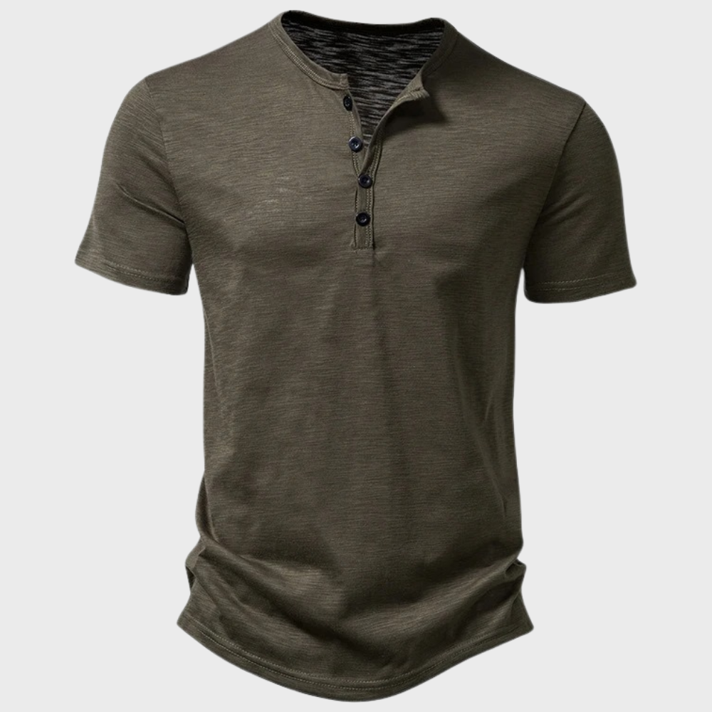 Mænds afslappet Henley T-shirt i blåt, kortærmet med knapper, komfortabel pasform, perfekt til sommer.