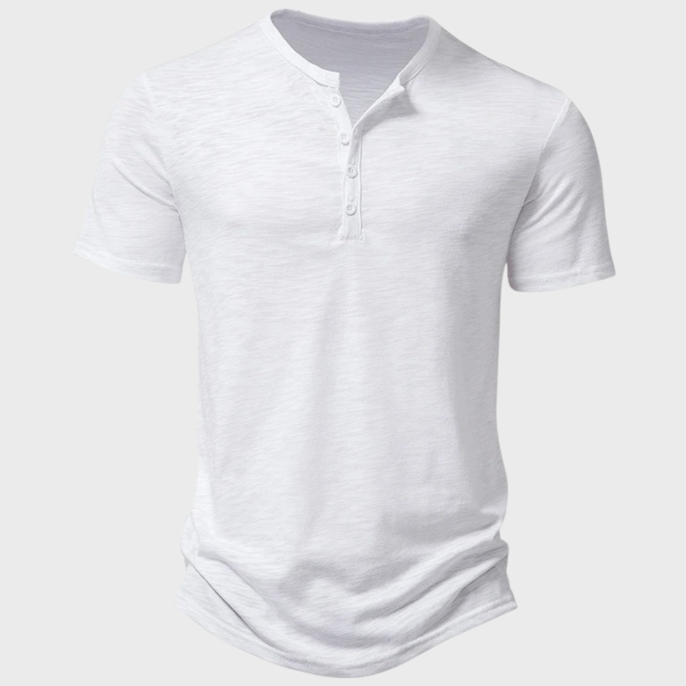 Alsidig mænds Henley T-shirt med knapper, en basic overdel der passer til mange stilarter og anledninger.