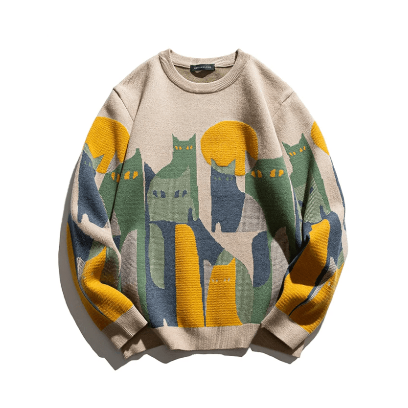 Sort mænds sweatshirt med trendy grafisk katteprint. Komfortabel og stilfuld til hygge og hverdag.