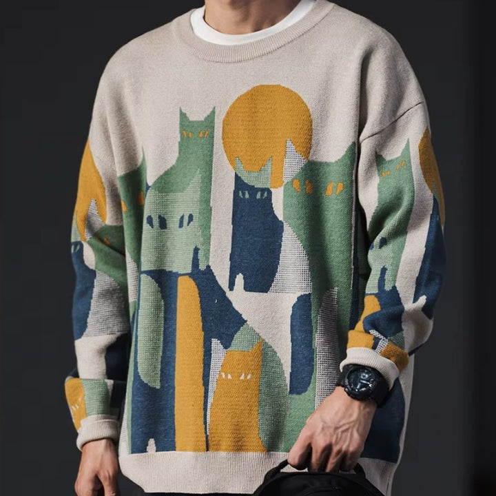 Beige herre sweatshirt med charmerende katteprint. Blød og behagelig, en perfekt gaveidé til katteelskere.