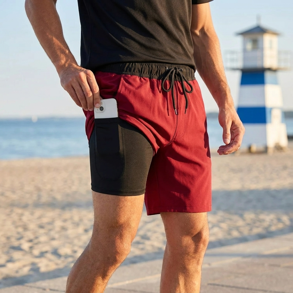 Mænds hurtigtørrende badebukser med integreret indershorts, perfekt til strand & pool.