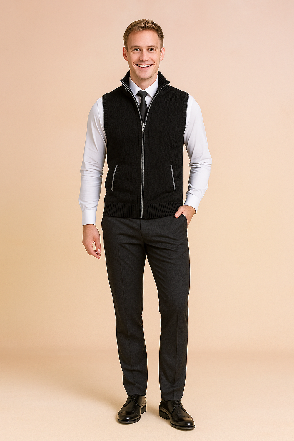 Stilfuld casual strikvest til mænd med lynlås. Ideel som ærmeløs cardigan til efterårsmode.