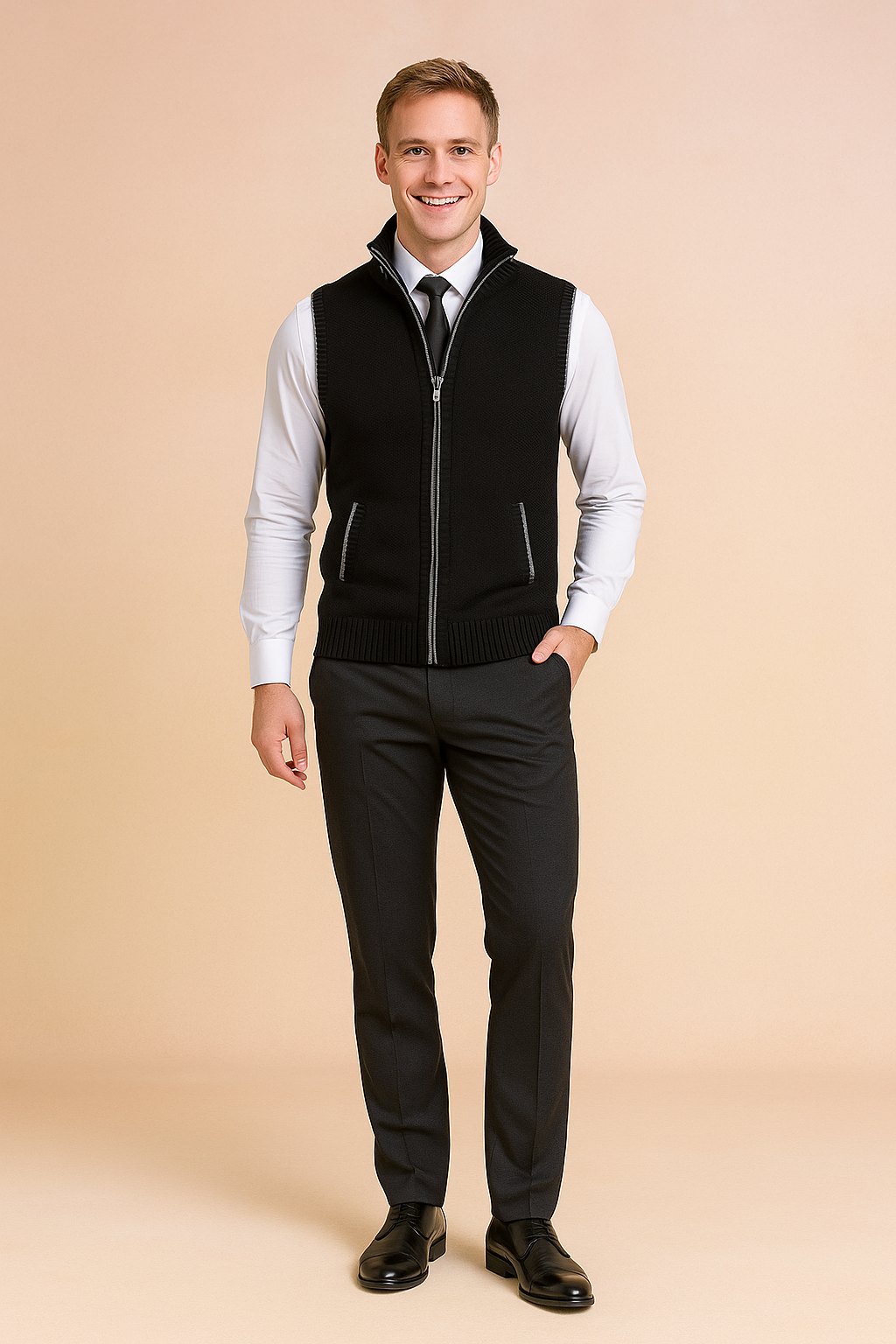 Stilfuld casual strikvest til mænd med lynlås. Ideel som ærmeløs cardigan til efterårsmode.