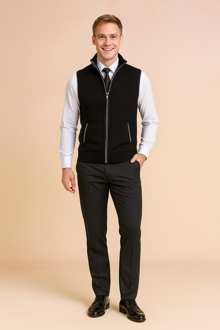 Stilfuld casual strikvest til mænd med lynlås. Ideel som ærmeløs cardigan til efterårsmode.