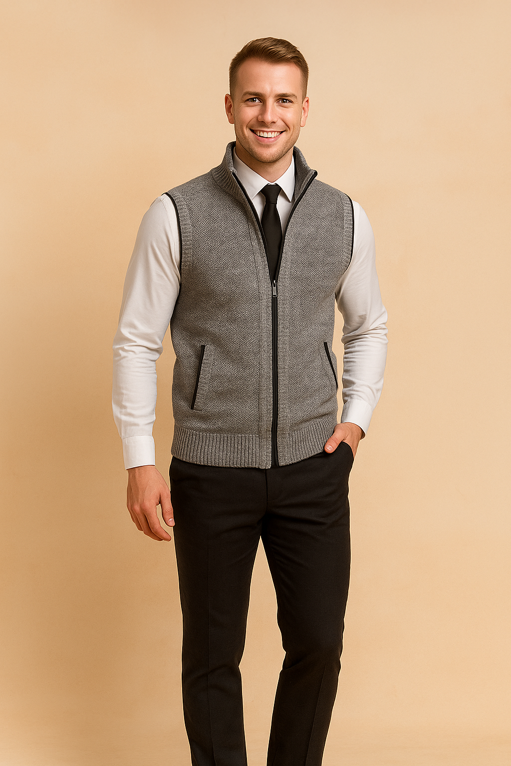 Herre strikvest med lynlås, komfortabel og ærmeløs. Et must-have til moderne lag-på-lag look.