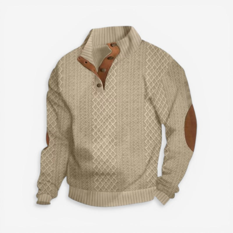 Mænds langærmet sweater med knapkrave i afslappet stil. Ideel til hverdag, komfortabel og varm herremode.