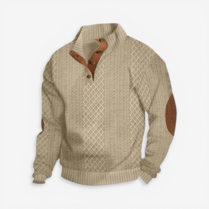 Mænds langærmet sweater med knapkrave i afslappet stil. Ideel til hverdag, komfortabel og varm herremode.