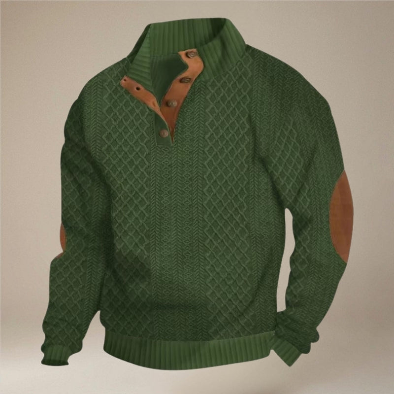 Mænds langærmet sweater med knapkrave. Varm, stilfuld og komfortabel basic til afslappet herremode.