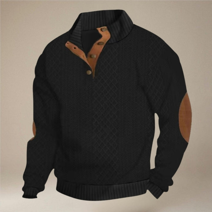 Moderne langærmet mænds sweater med knapkrave. Blød og varm for stilfuld komfort i afslappet hverdag.