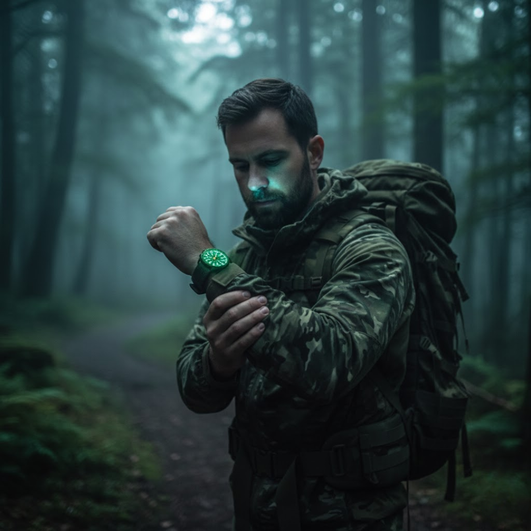 Sporty militærur for mænd, udendørs-klar med lysende display og holdbar konstruktion.