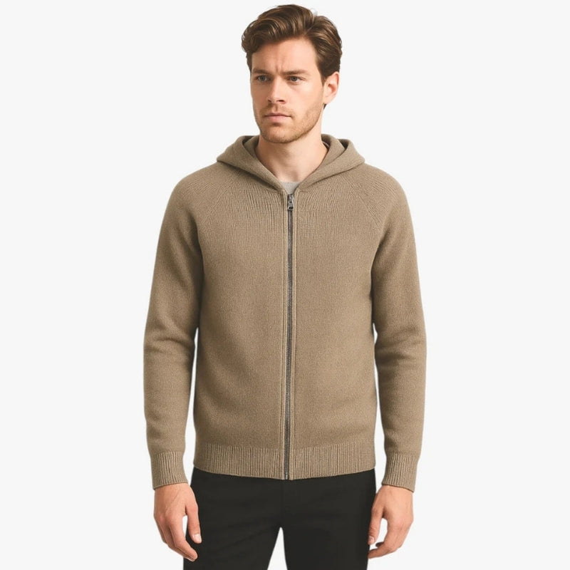 Komfortabel beige slim fit hættetrøje med lynlås til herrer. Ideel langærmet hoodie til hverdagsstil og stilfuldt look.