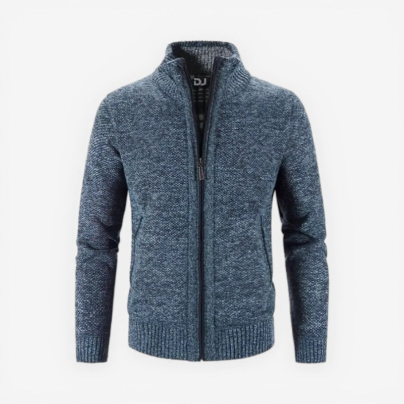 Mænds slim fit langærmet cardigan med lynlås, perfekt til moderne hverdagsstil.