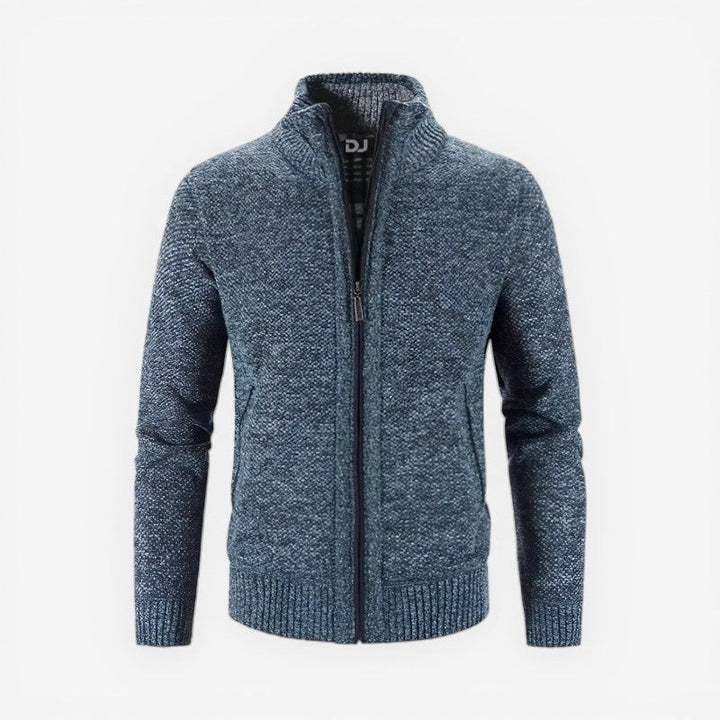 Mænds slim fit langærmet cardigan med lynlås, perfekt til moderne hverdagsstil.
