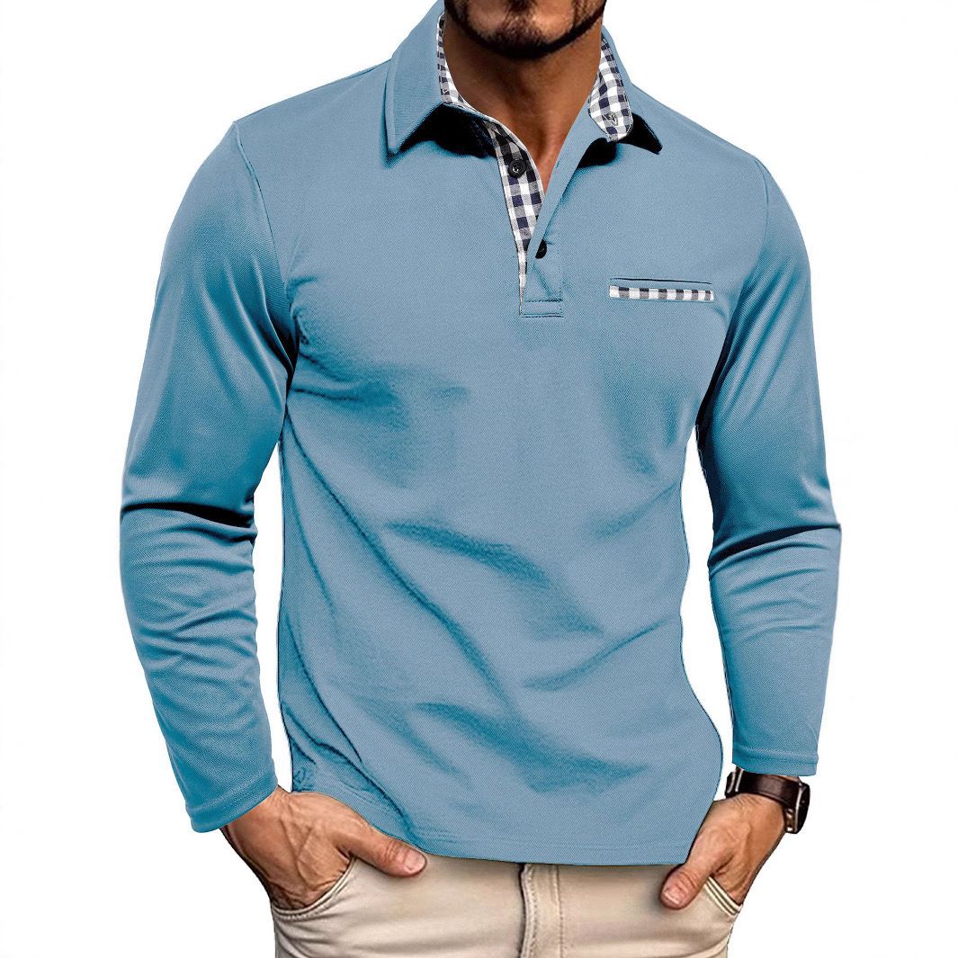 Detalje af ternet krave på mænds langærmede slim fit poloshirt. Elegant og smart.