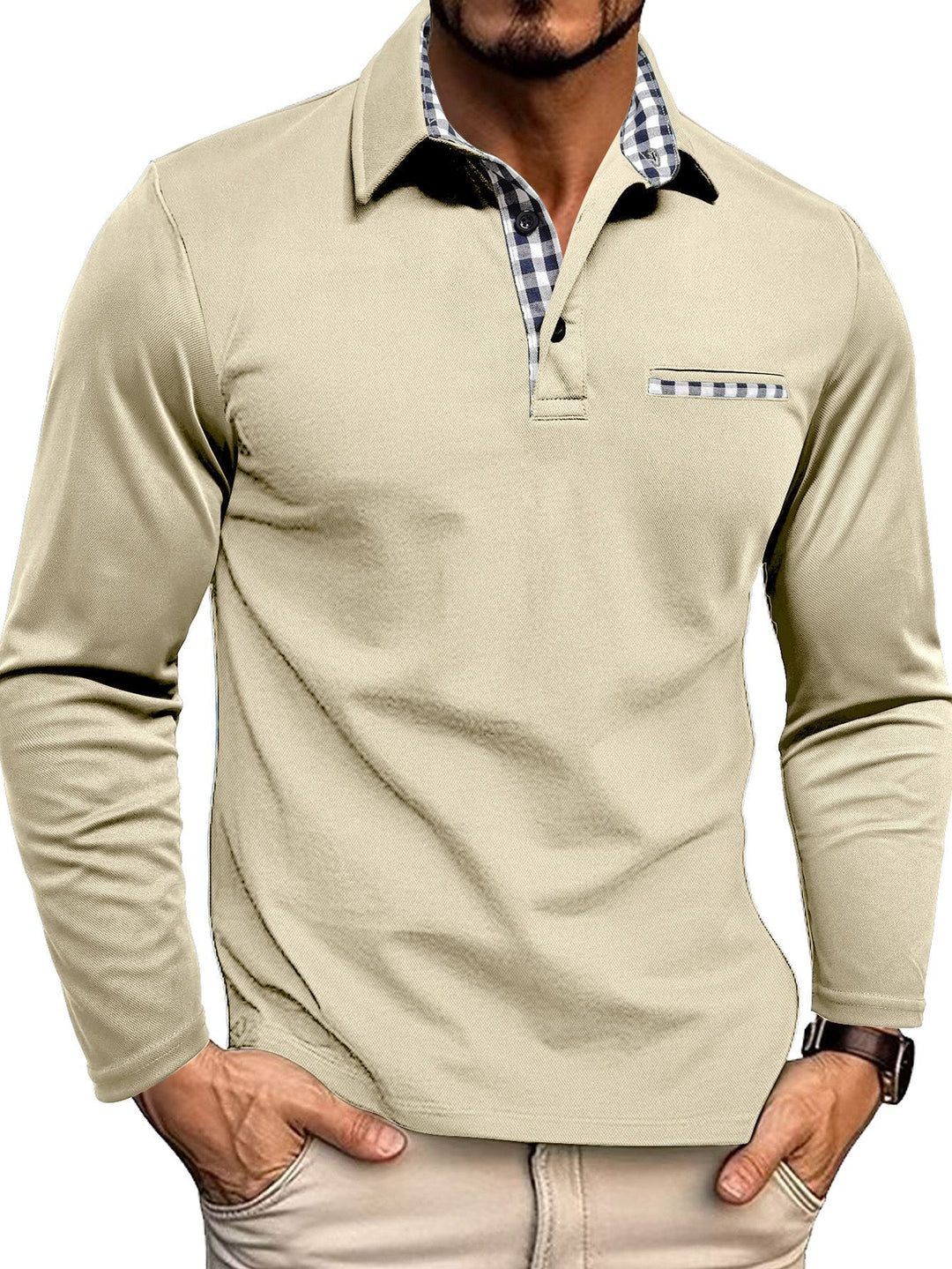 Elegant mandetøj: Slim fit poloshirt med lange ærmer og ternet krave detalje.
