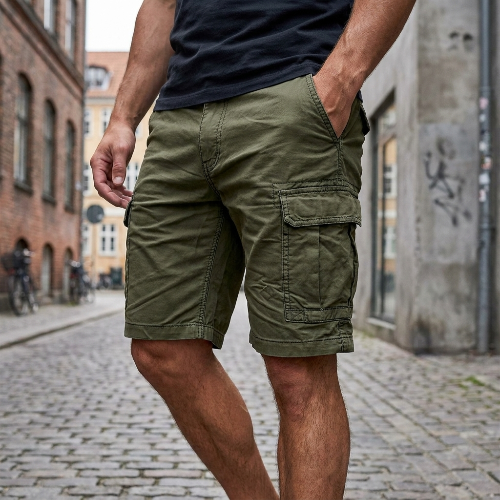 Detaljebillede af praktiske cargolommer på mænds sommer shorts. God plads til dine ejendele.