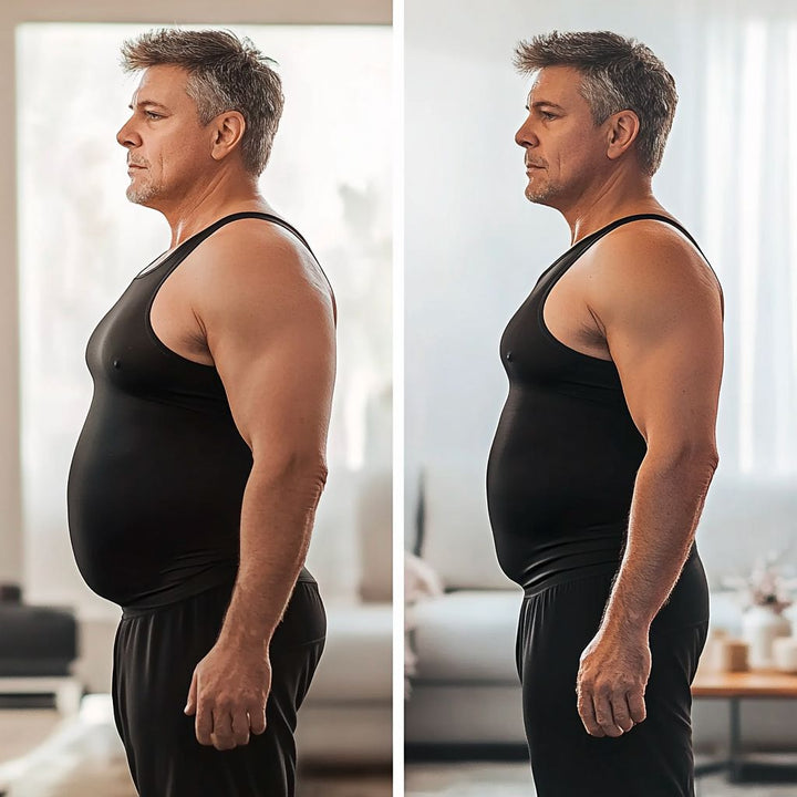 Åndbar kropsformende kompressionsvest til mænd, lavet af nylon/spandex for behagelig støtte til muskler.