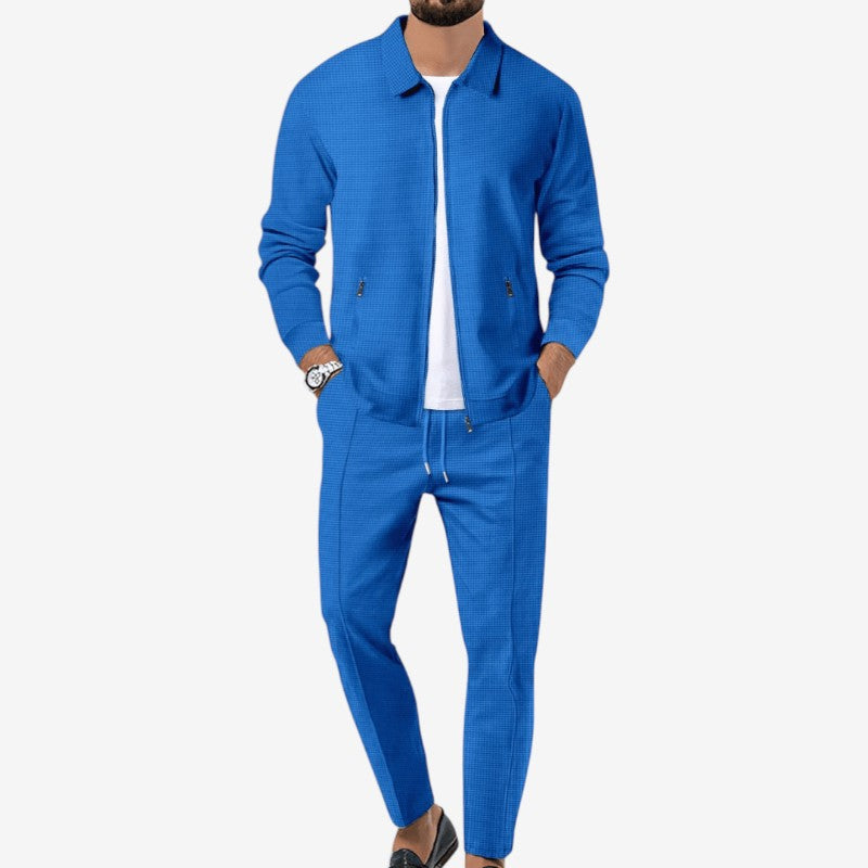 Mænds stilfulde 2-delte sæt med lynlåstop og slim bukser. Perfekt moderne casual fritidstøj.