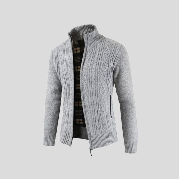 Mænds hyggelige strik cardigan, der kombinerer casual mode med varm komfort til efterårets beklædning.