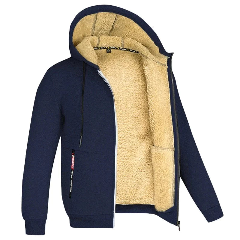 Premium mænds fleecejakke med hætte og robust lynlås, ideel til den aktive mand.