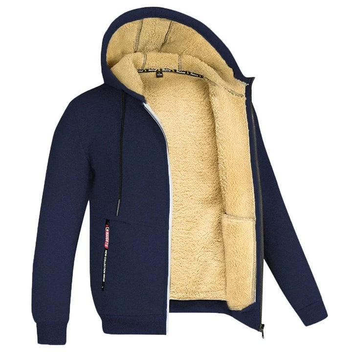 Premium mænds fleecejakke med hætte og robust lynlås, ideel til den aktive mand.