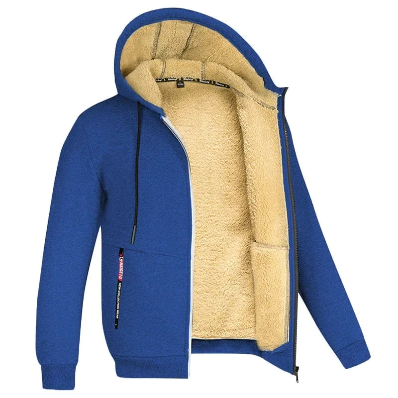 Slidstærk mænds udendørs jakke i varm fleece, med justerbar hætte for optimal pasform.