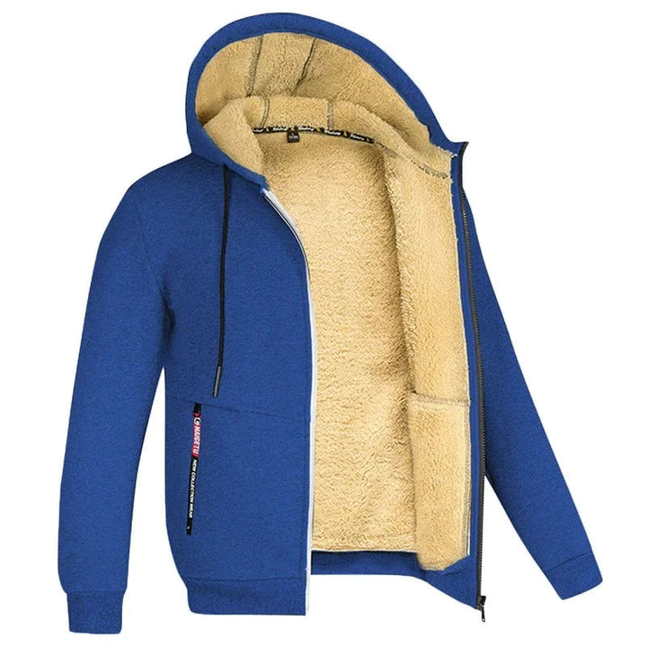 Slidstærk mænds udendørs jakke i varm fleece, med justerbar hætte for optimal pasform.