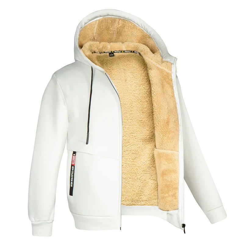 Vinterklar mænds hættejakke i varm fleece, velegnet til både hverdagsbrug og sport.