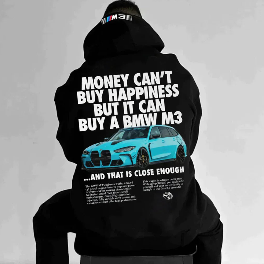 Bagside af mænds trendy hættetrøje med unikt print. Stilfuld langærmet hættegenser med moderne design.