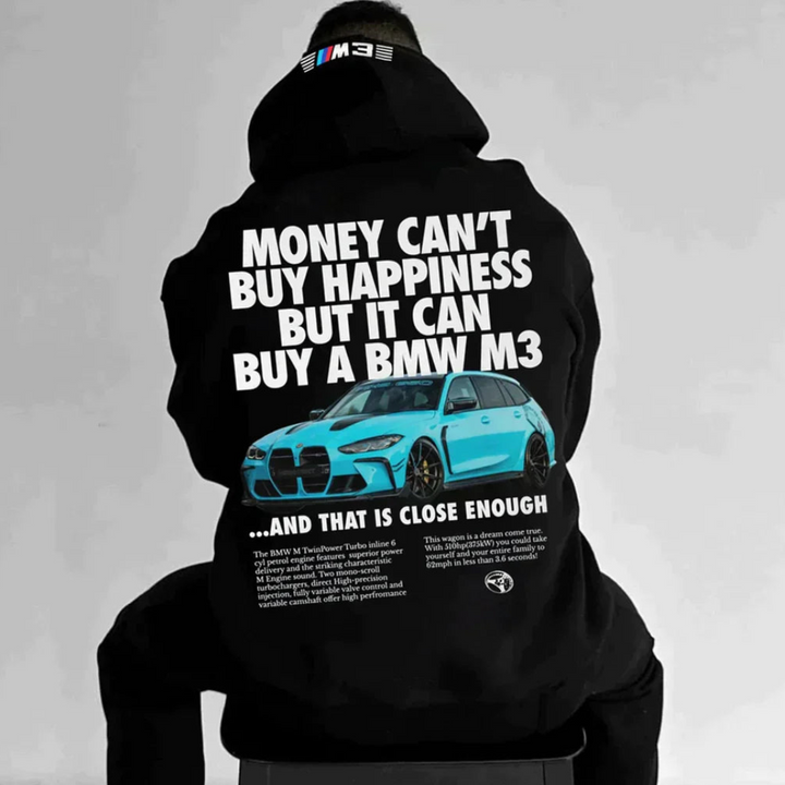 Bagside af mænds trendy hættetrøje med unikt print. Stilfuld langærmet hættegenser med moderne design.