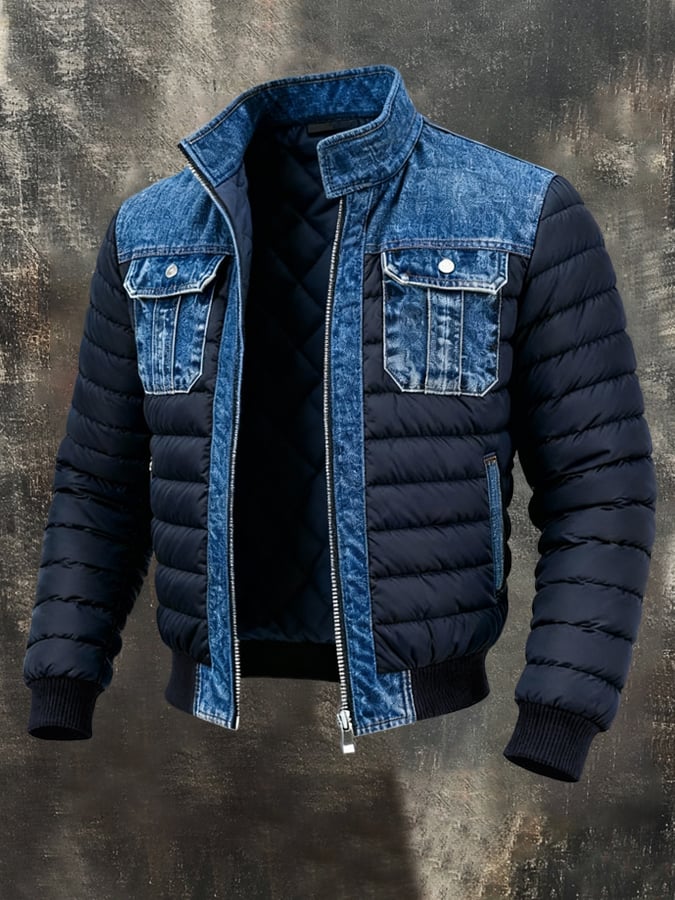 Mænds varme vinter denim jakke med blødt quiltet for, ideel til fritid og vindafvisende.