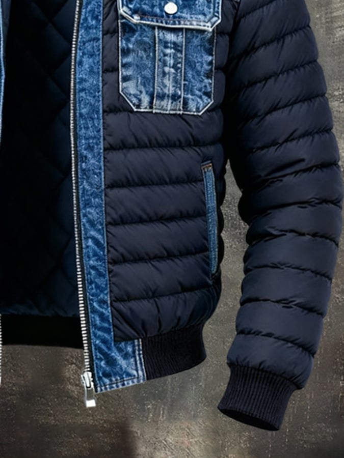 Stilfuld mænds denim vinterjakke med quiltet for; en varm og funktionel overgangsjakke for herrer.