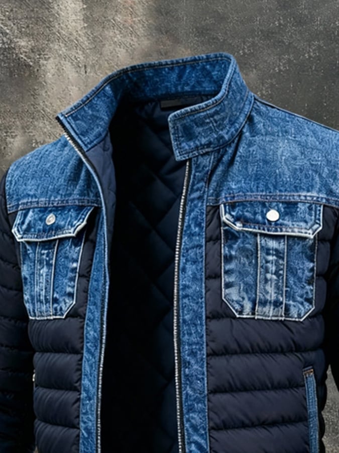 Komfortabel mænds denim vinterjakke med quiltet for, perfekt som varm og vindafvisende herrejakke.