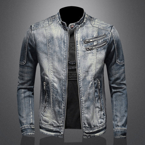 Mænds vintage grå denimjakke i klassisk stil med knaplukning og brystlommer, perfekt som fritidsjakke.