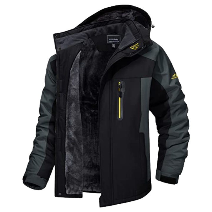 Blå mænds vinterjakke, varm og robust, ideel som friluftsjakke og allvejrsjakke til outdoor.
