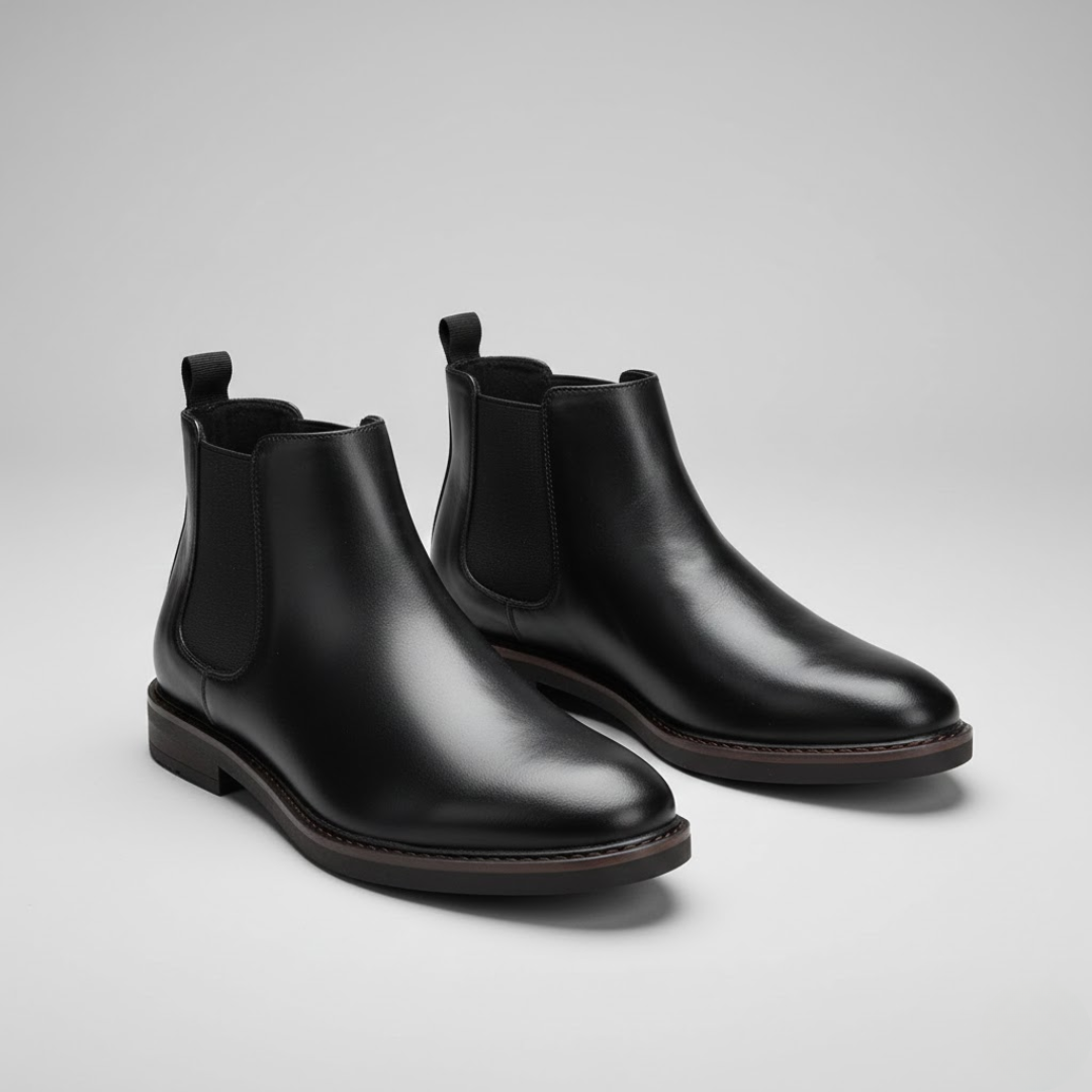 Et par mørkebrune herre Chelsea-støvler, præsenteret i et rent, stilrent design. Komfortable slip-on sko.