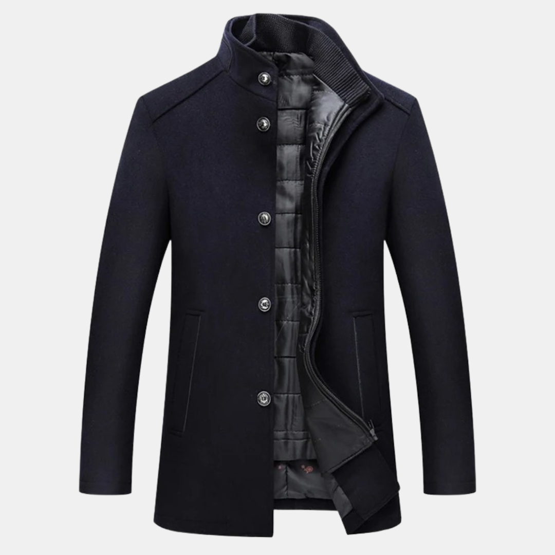 Grå elegant herre quiltet jakke med ståkrave. Perfekt vinterfrakke til den moderne mands garderobe.