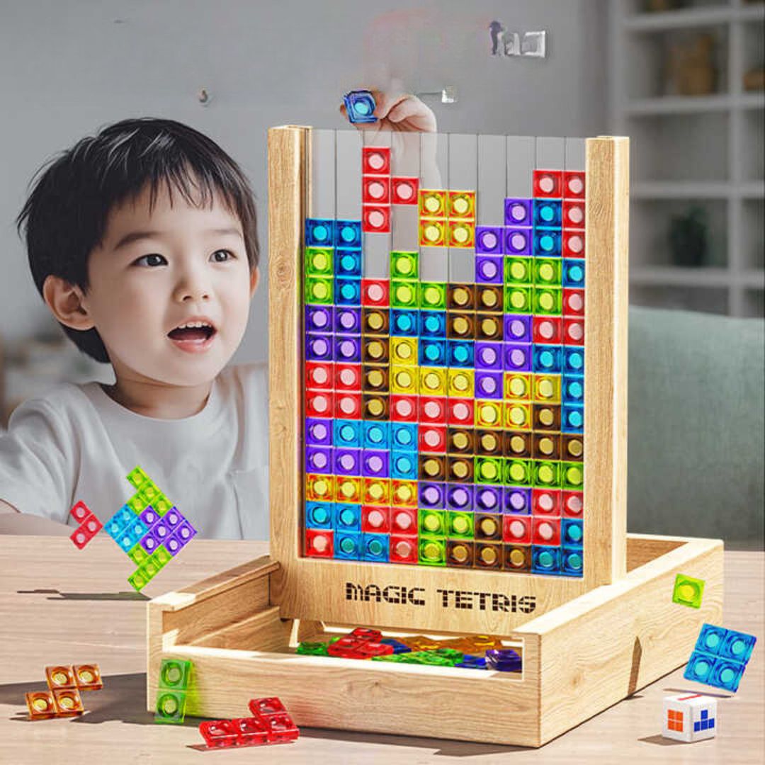 Magisk træ Tetris spil, et farverigt puslespil for hjernegymnastik og udviklende leg for alle aldre.