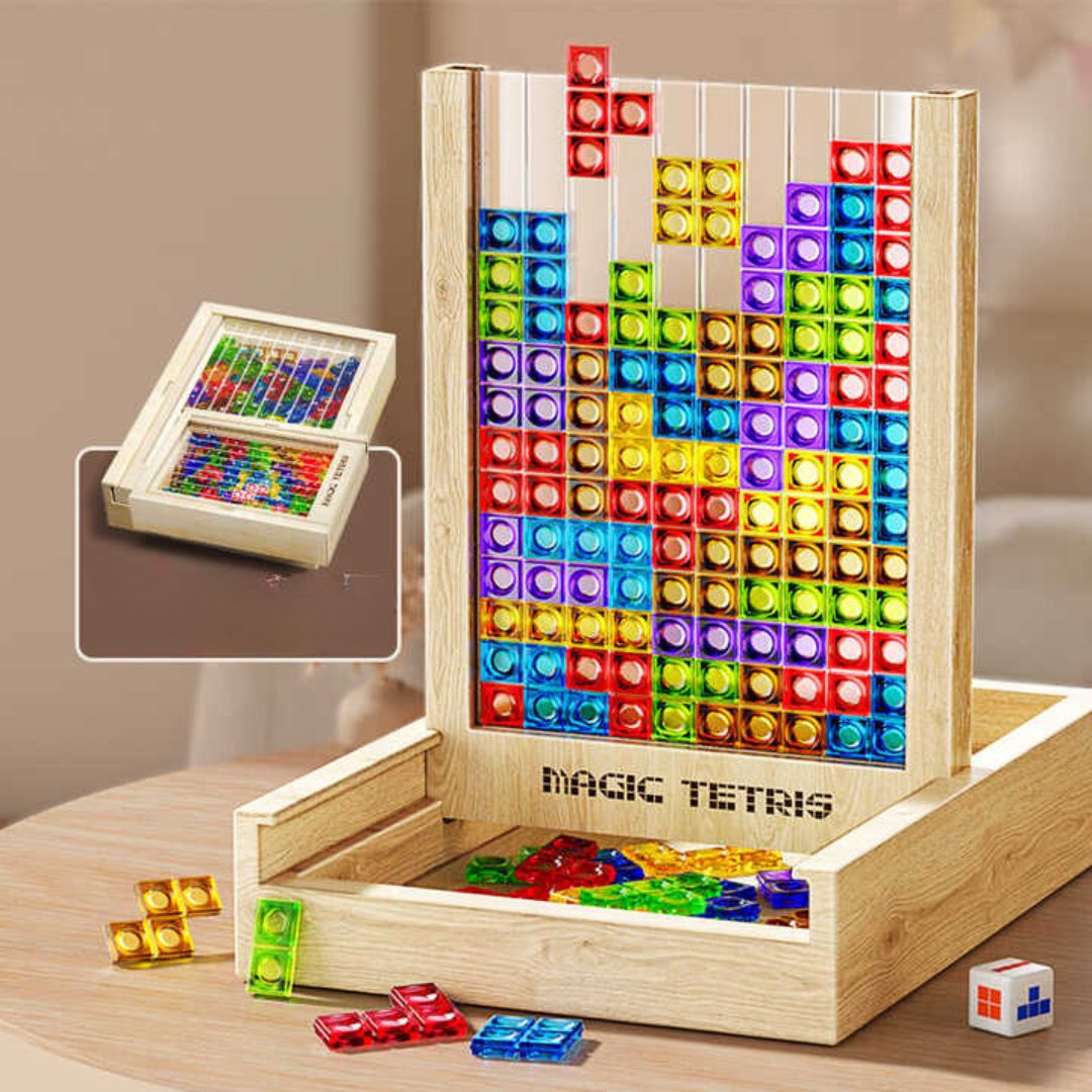Familievenligt træ Tetris puslespil. Skærmfri hjernegymnastik og sjov for alle aldre. Perfekt til udviklende leg.