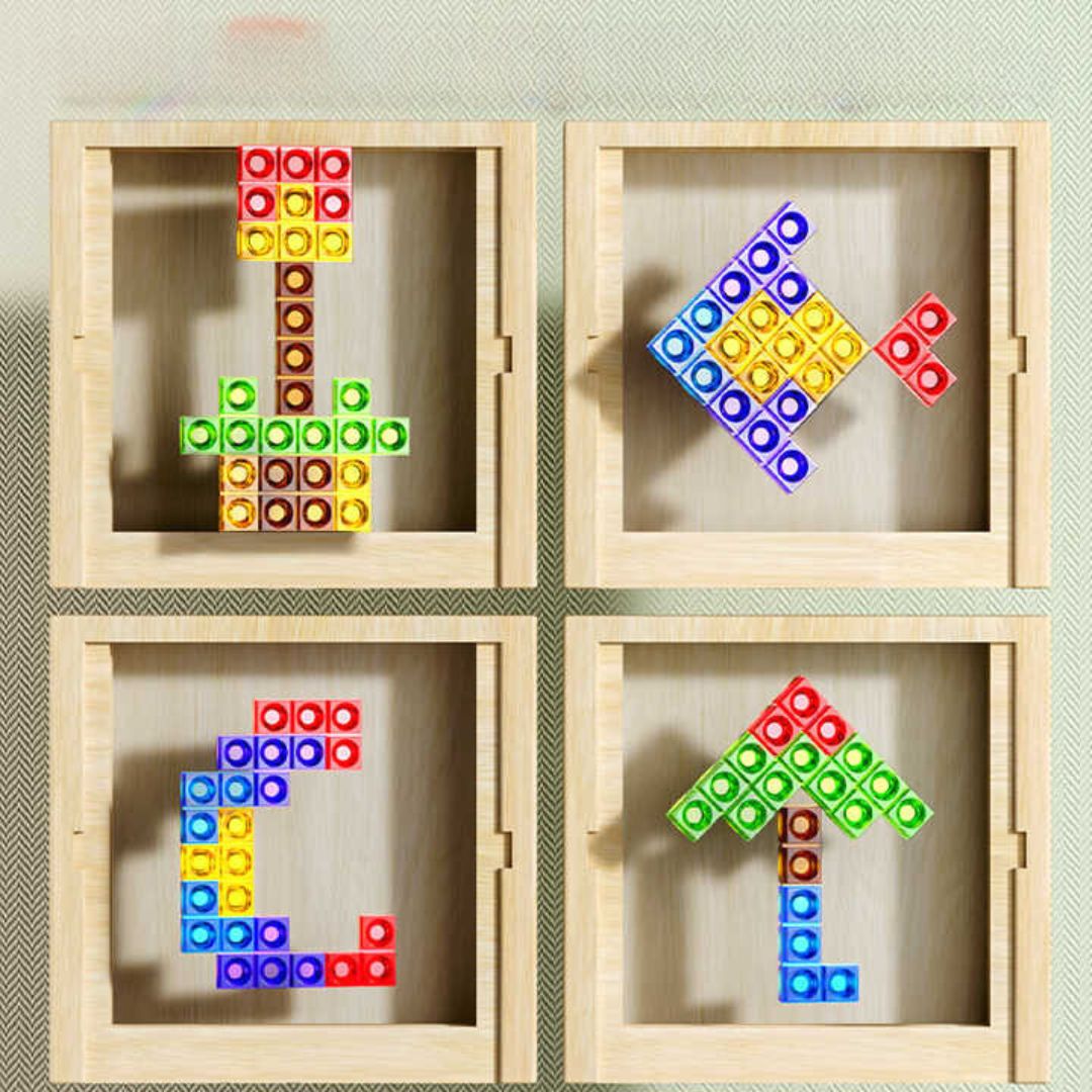 Unikt træ puslespil inspireret af Tetris. Farverigt design, udfordrende hjernegymnastik og strategisk sjov.