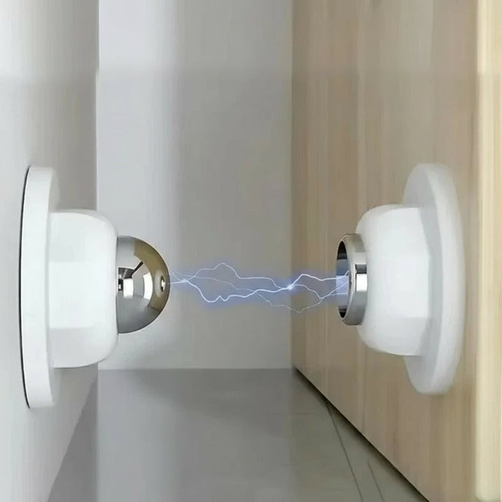 Holdbar magnetisk dørstopper i rustfrit stål, sort/hvid, for let montering og beskyttelse af vægge.