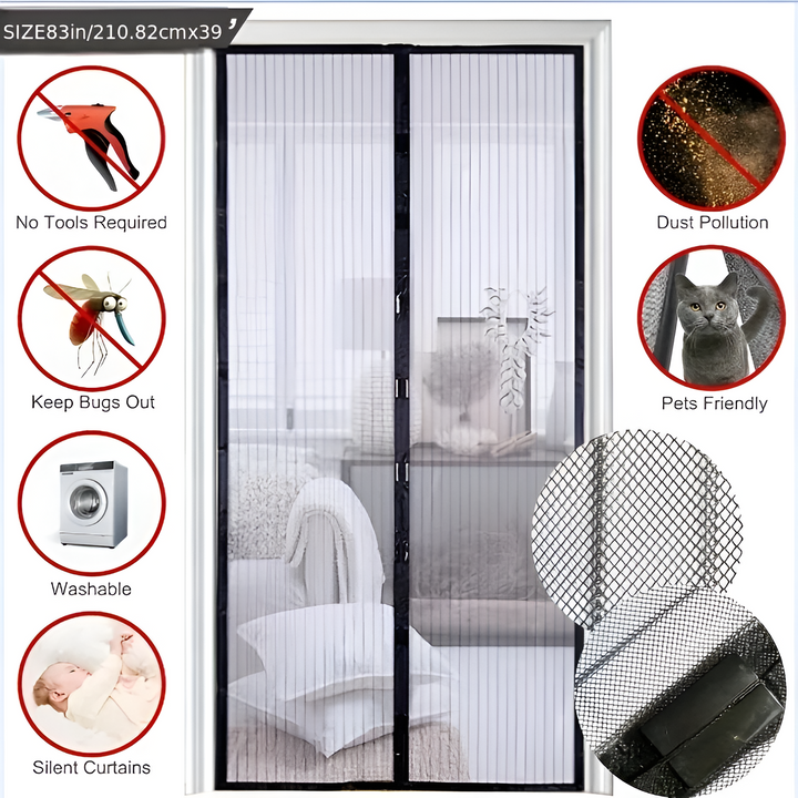 "Magnetisk flueforhæng i glasfiber, nem montering, elegant sort design til effektiv insektbeskyttelse i hjemmet."