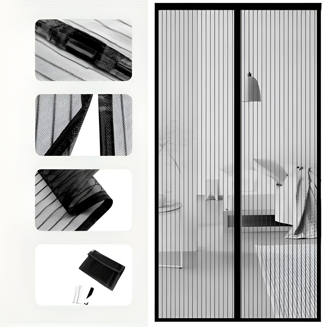 "Magnetisk flueforhæng i glasfiber, nem montering, elegant sort design til effektiv insektbeskyttelse i hjemmet."