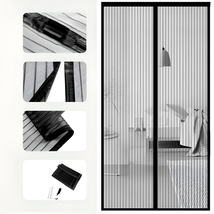 "Magnetisk flueforhæng i glasfiber, nem montering, elegant sort design til effektiv insektbeskyttelse i hjemmet."