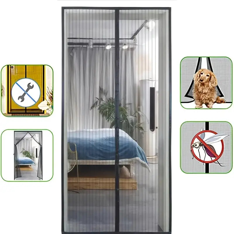 "Magnetisk hængseldør med automatisk lukning, sort netdesign, nem installation, holder insekter ude."