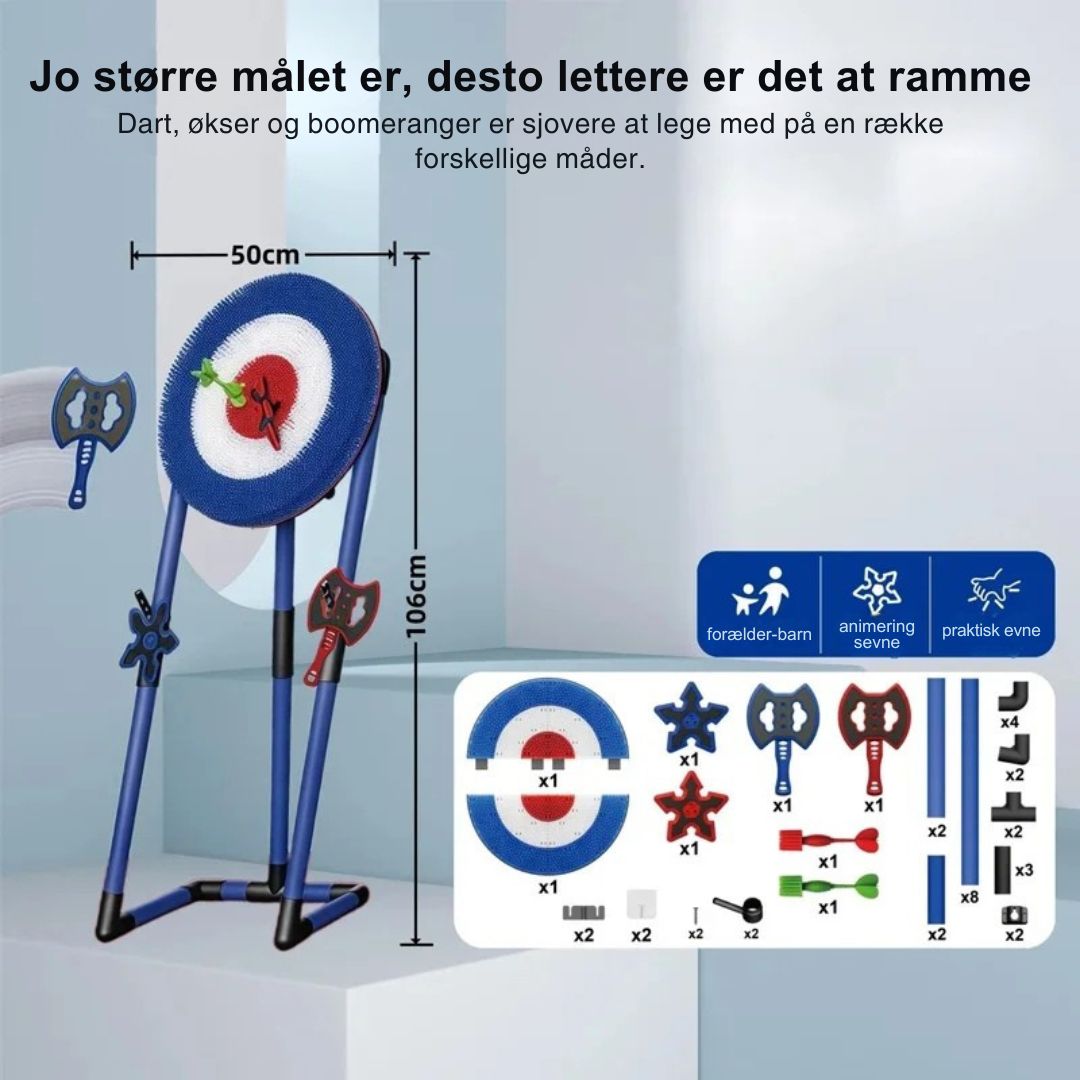 Nærbillede af farverig magnetisk måltavle og bløde "økser". Sikkert og sjovt familielegetøj.